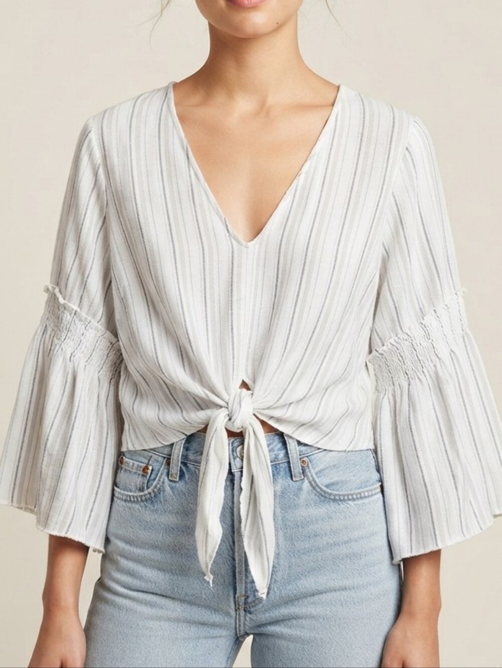 Lavender Field Striped Tie-Front Bell Sleeve Top Small Rayon Linen Blend